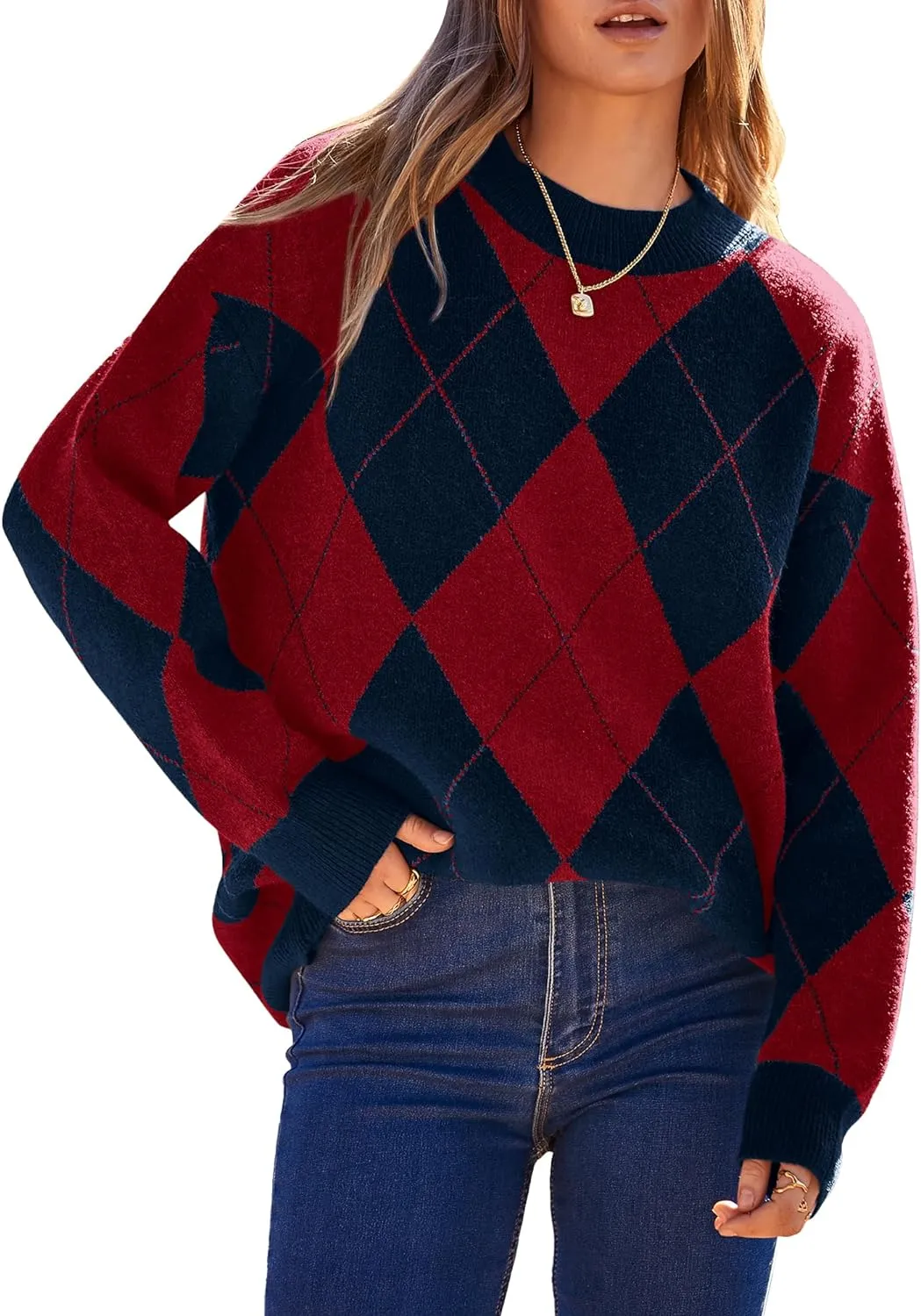 Womens Fall Argyle Oversize Winter Plaid Sweaters