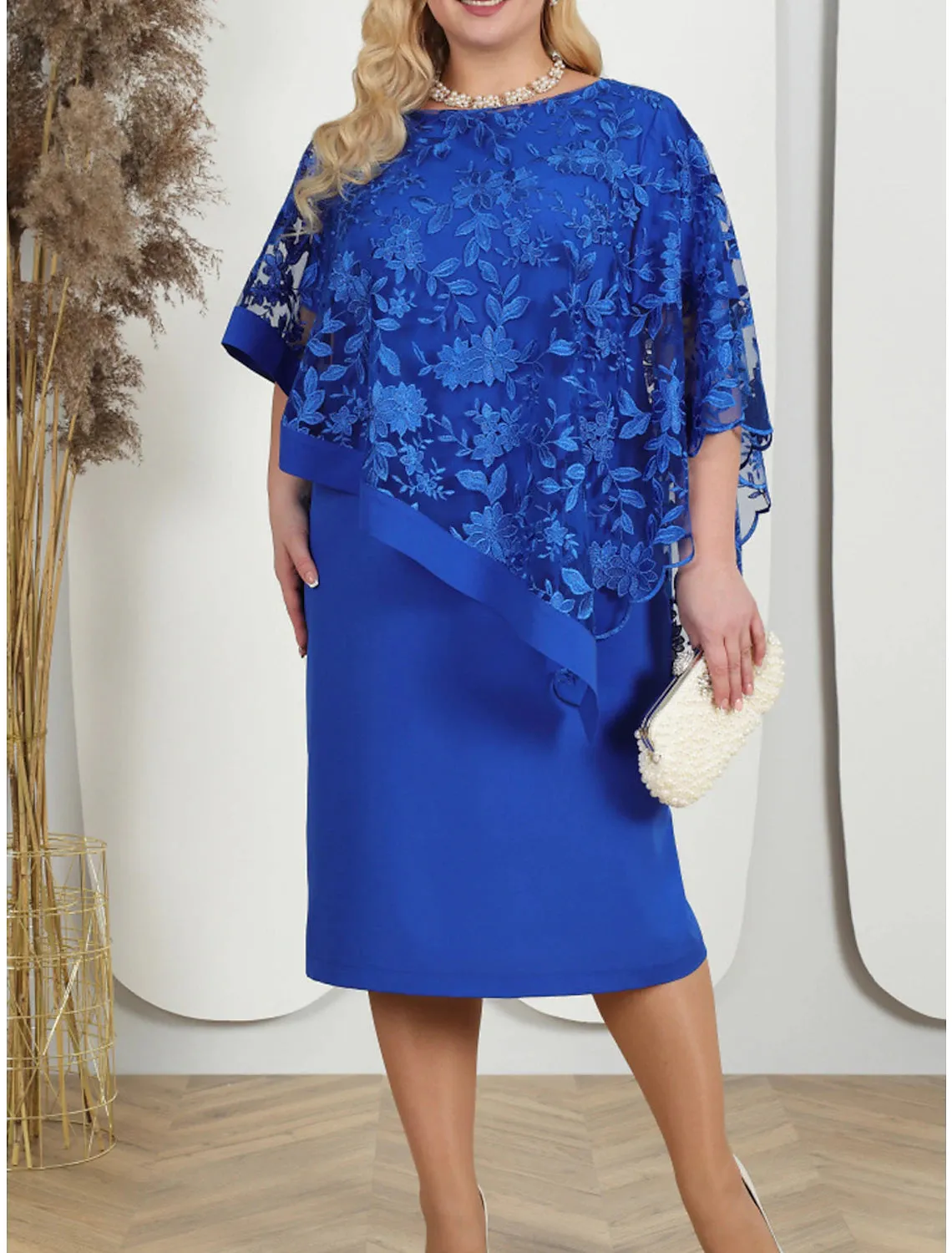 Women's Plus Size Curve Party Dress Lace Dress Cocktail Dress Midi Dress Pink Blue Half Sleeve Floral Lace Summer Spring Fall Crew Neck Fashion Birthday Wedding Guest Vacation