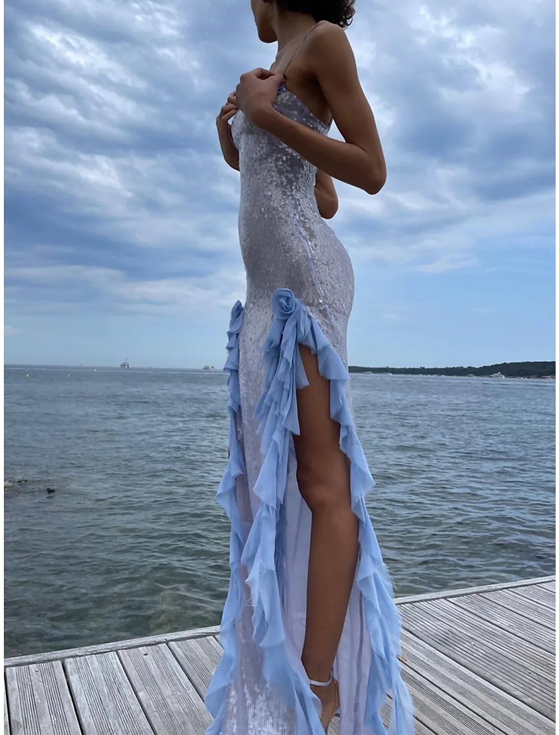 Women's Sequin Dress Prom Dress Party Dress Sparkly Dress Cocktail Dress Long Dress Maxi Dress Blue Sleeveless Summer Spring Fall Spaghetti Strap Fashion Evening