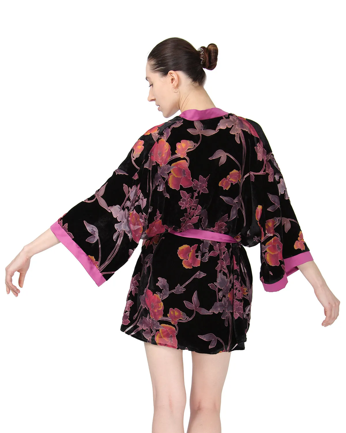 Women's Velvet Burnout Satin Trim Floral Kimono Robe