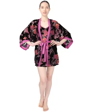 Women's Velvet Burnout Satin Trim Floral Kimono Robe