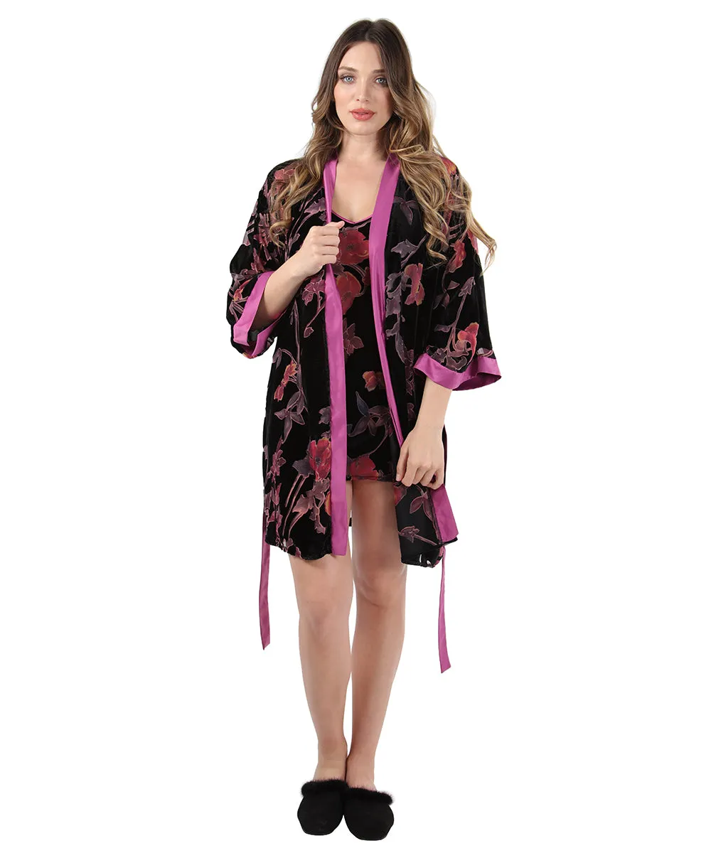 Women's Velvet Burnout Satin Trim Floral Kimono Robe