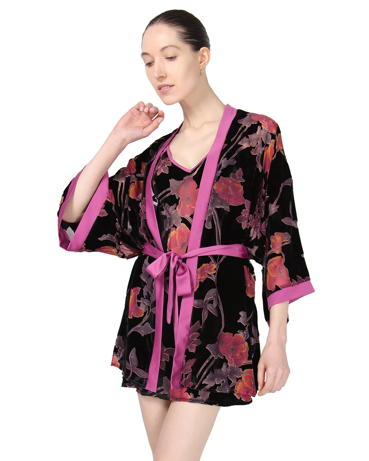 Women's Velvet Burnout Satin Trim Floral Kimono Robe